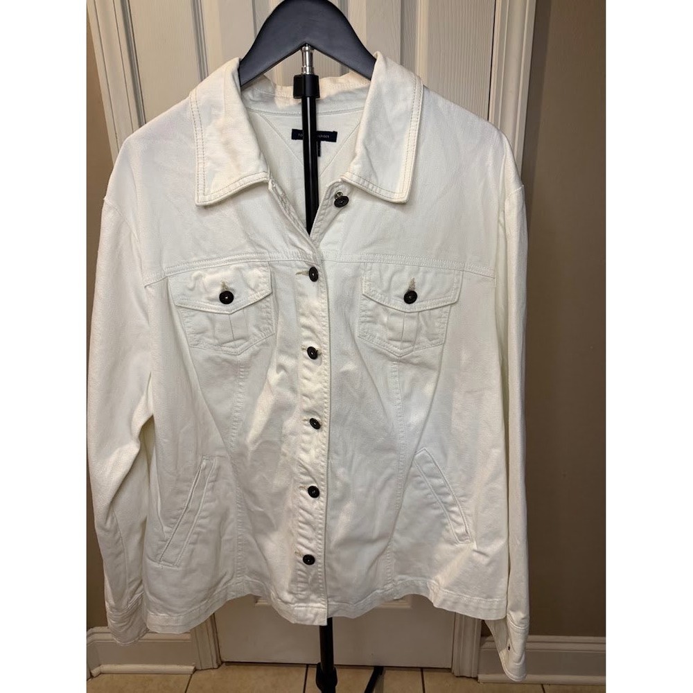 Tommy Hilfiger White Denim Jacket Womens Size 16 Button Front Trucker Coat